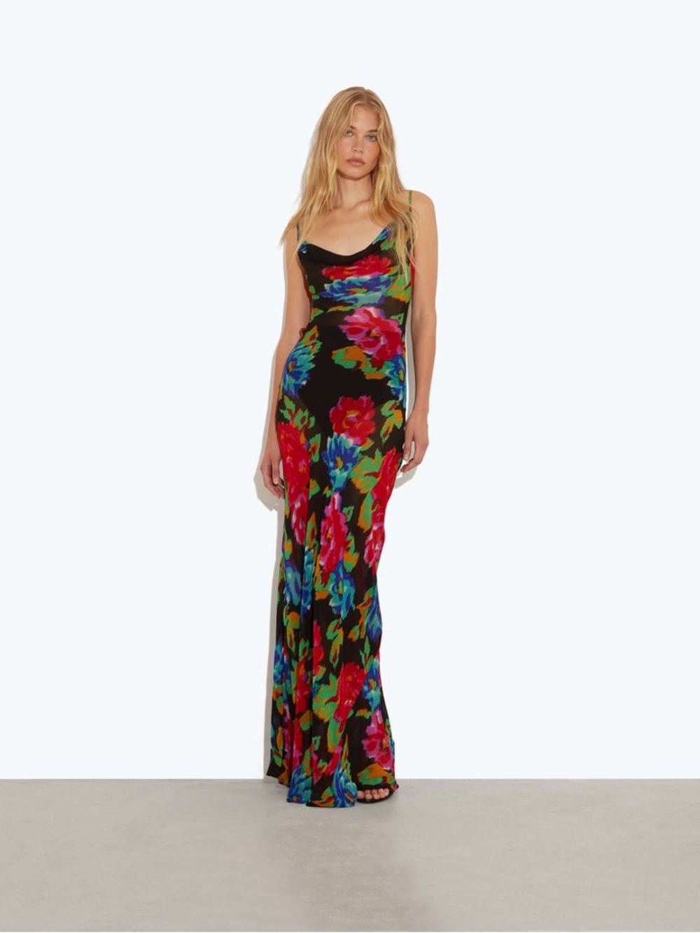 Rat & Boa Black Maxi Dress with Red, Blue & Green Floral Print